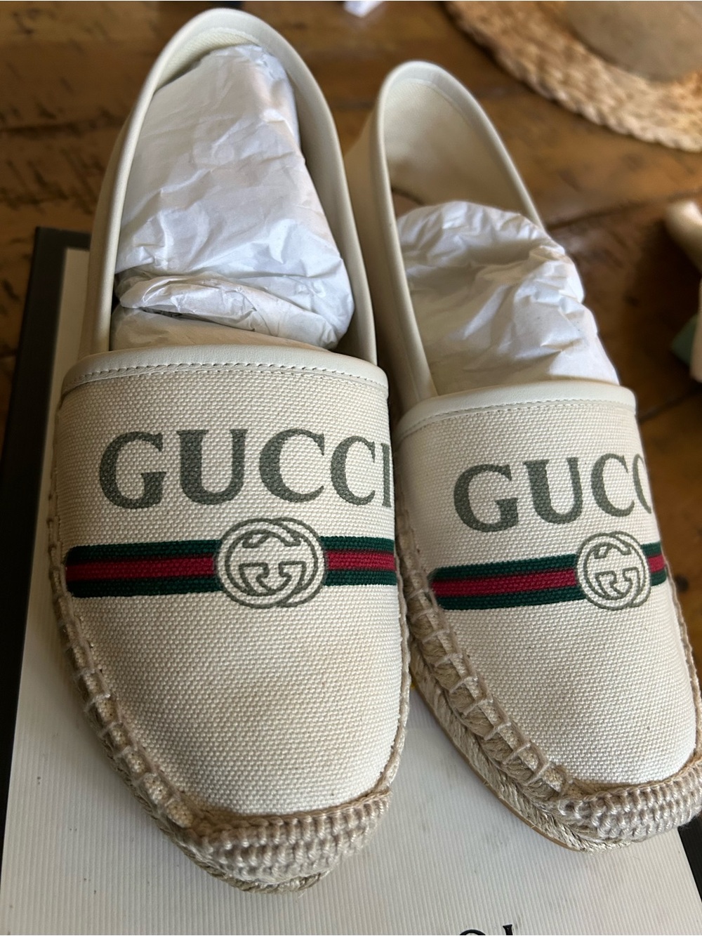 Gucci Cream Canvas Espadrilles with Green and Red Web Stripe